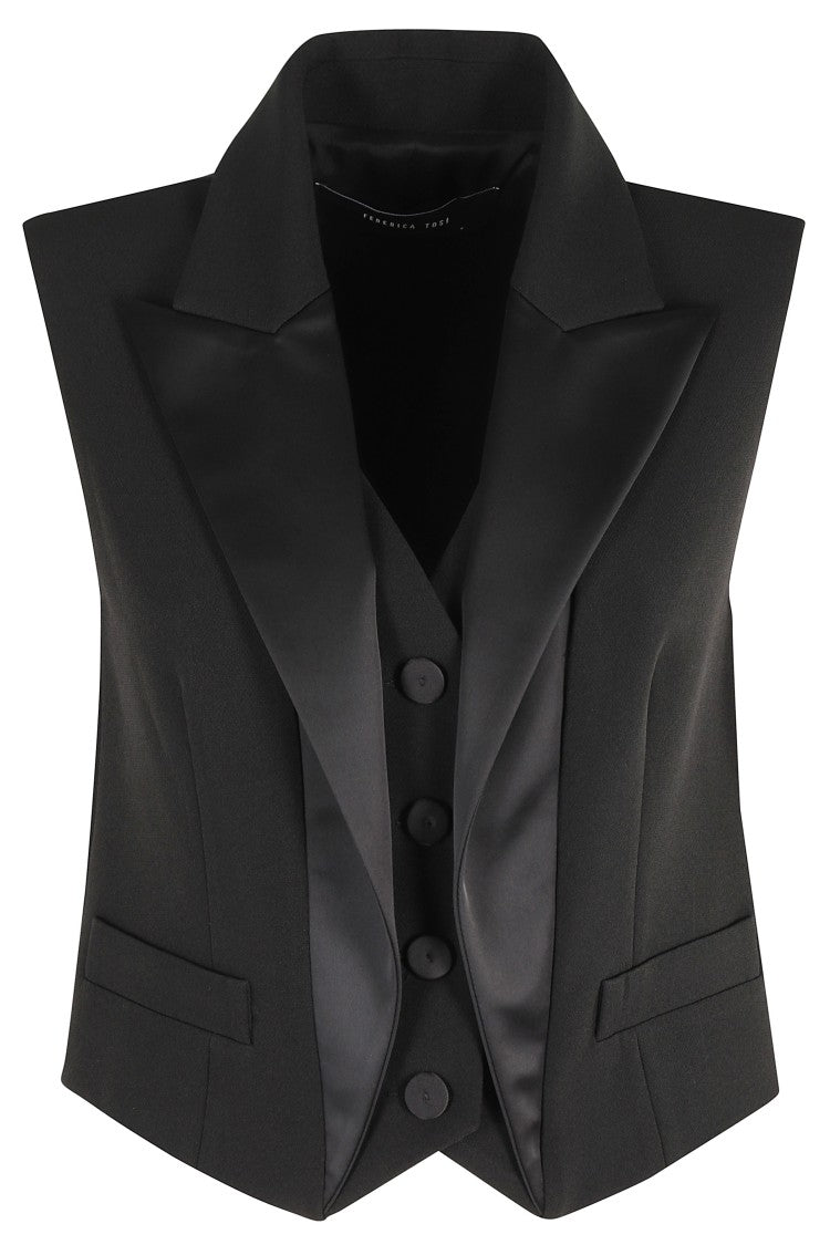 Federica Tosi Cropped Black Vest With Satin Lapels