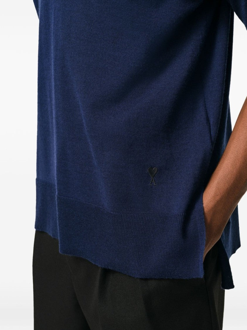 Ami Paris Blue Embroidered Logo Wool Polo Shirt