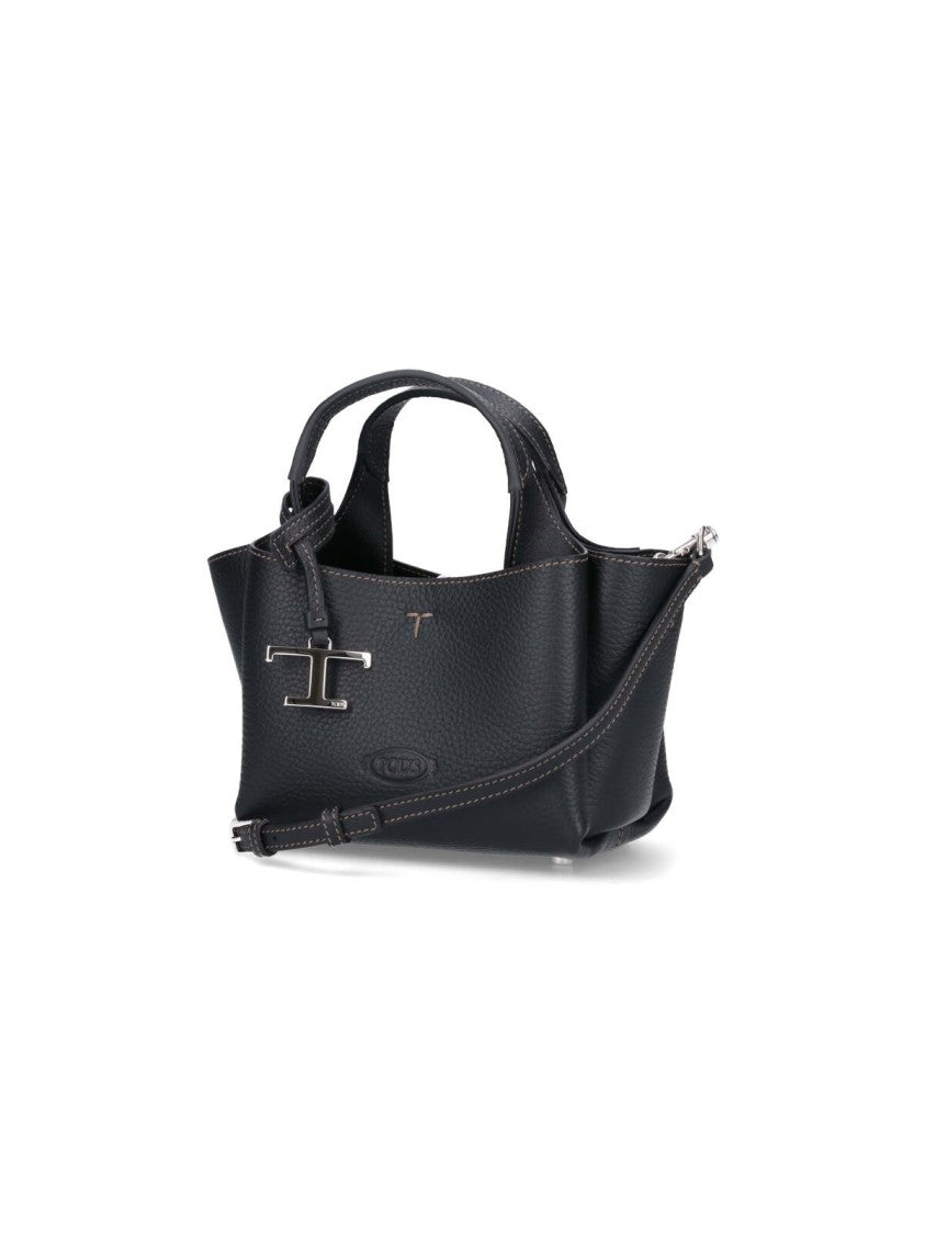 Tod's Compact Black Hammered Leather Tote With Detachable Charm