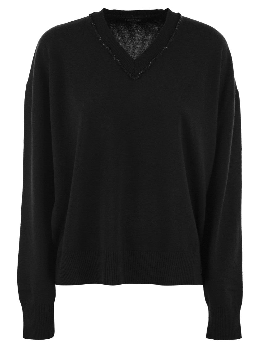 Fabiana Filippi V-Neck Sweater With Sequined Neckline