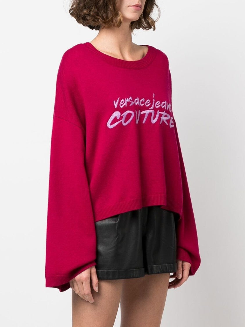 Versace Jeans Couture Embroidery Logo Relaxed Cropped Wool Sweater