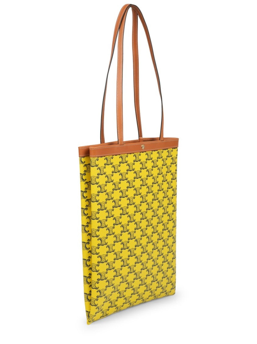 Celine Intricate Patterned Yellow Fabric Tote Bag With Leather Trim