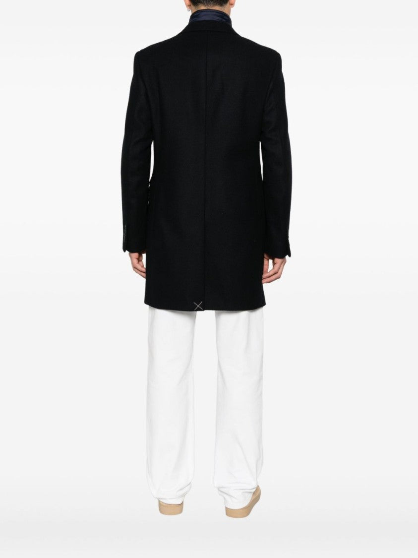 Fay Layered Navy Blue Coat With Button Fastening And Flap Pockets