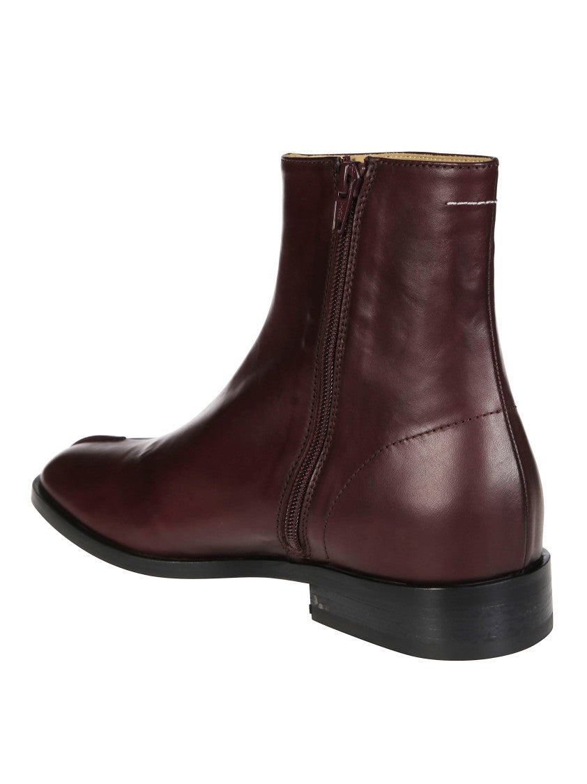 Mm6 By Maison Margiela Deep Burgundy Leather Ankle Boot With Minimalist Design