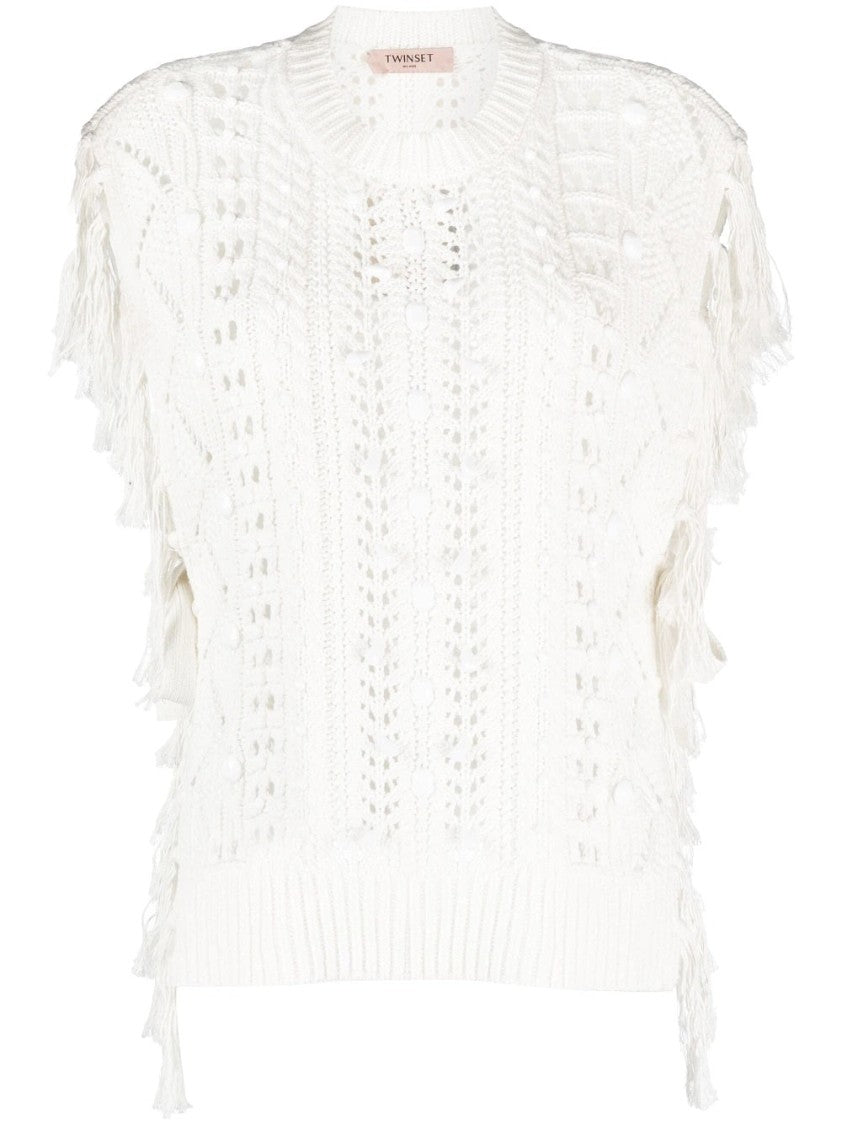 Twin-Set Embroidered Fringe Poncho With Relaxed Silhouette