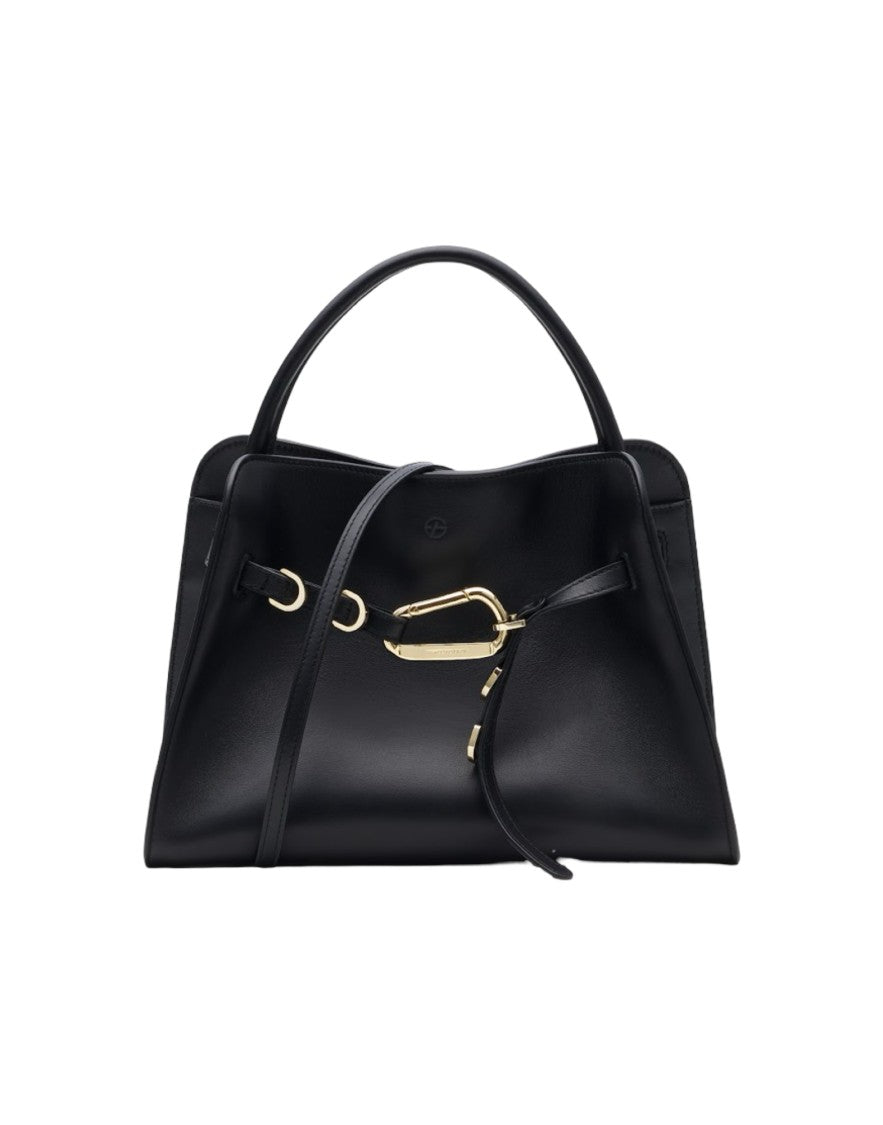 Biasia Structured Black Leather Handbag With Gold-Tone Clasp