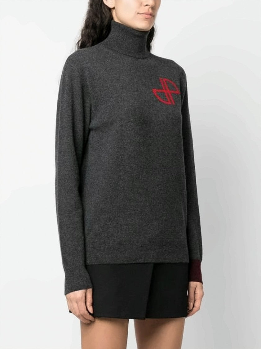 Patou Charcoal Grey Cashmere-Wool Blend Turtleneck Sweater With Burgundy Accents