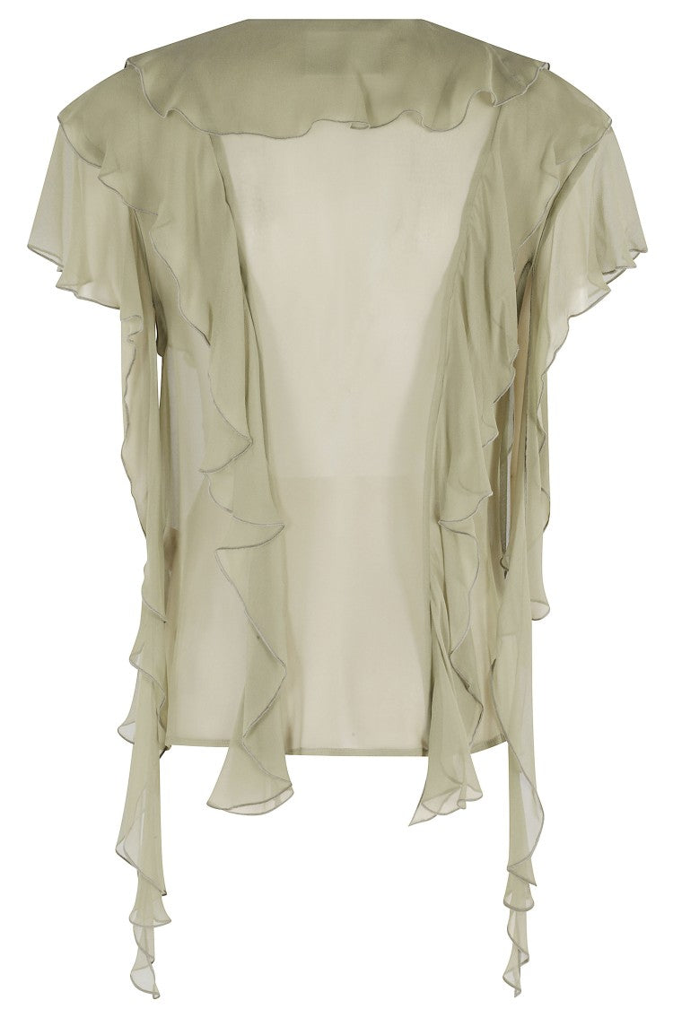 Erika Cavallini Green Lia Chiffon Ruffled V-Neck Silk Blouse