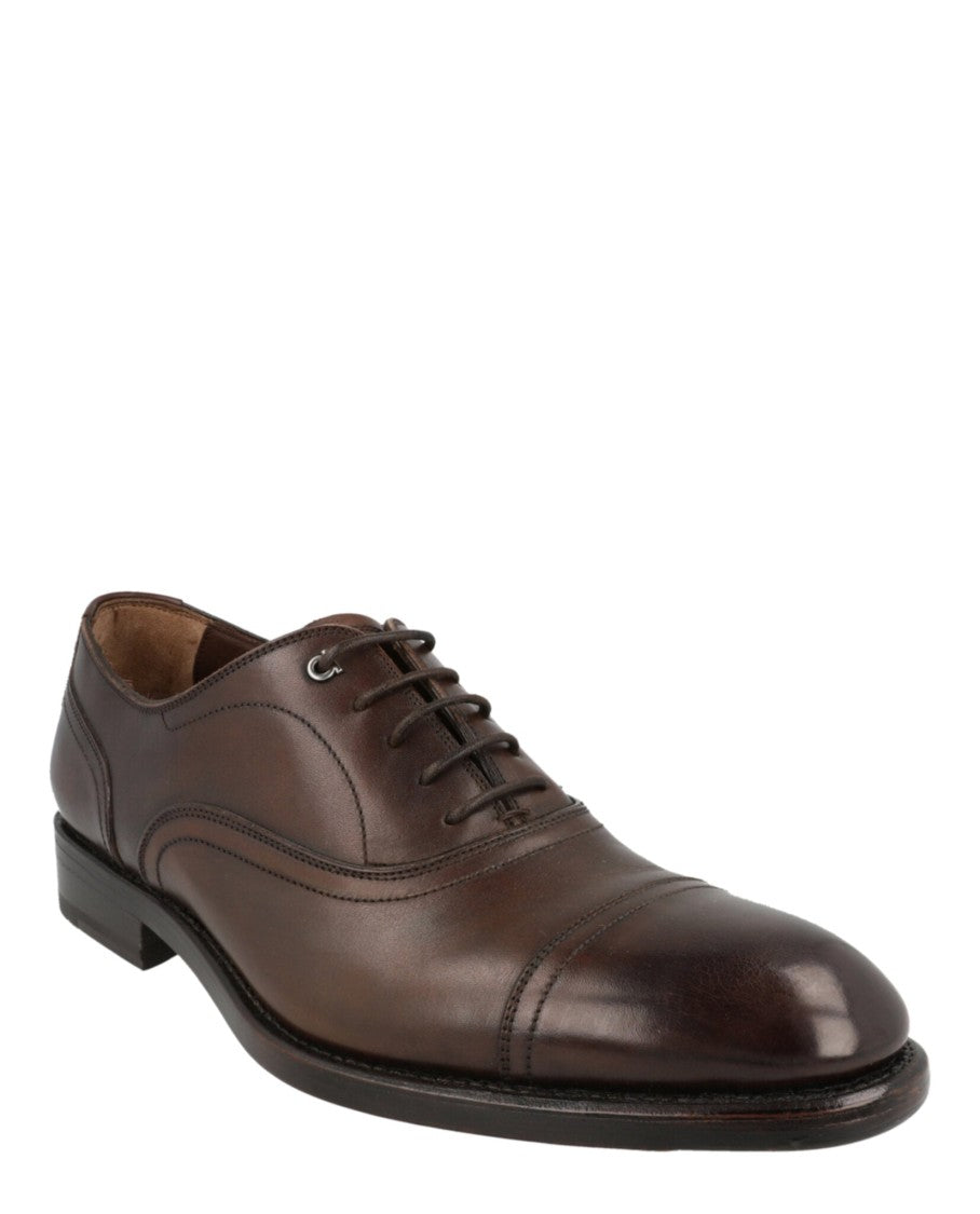 Ferragamo Brown Calfskin Leather Oxfords With Gancini Logo Details