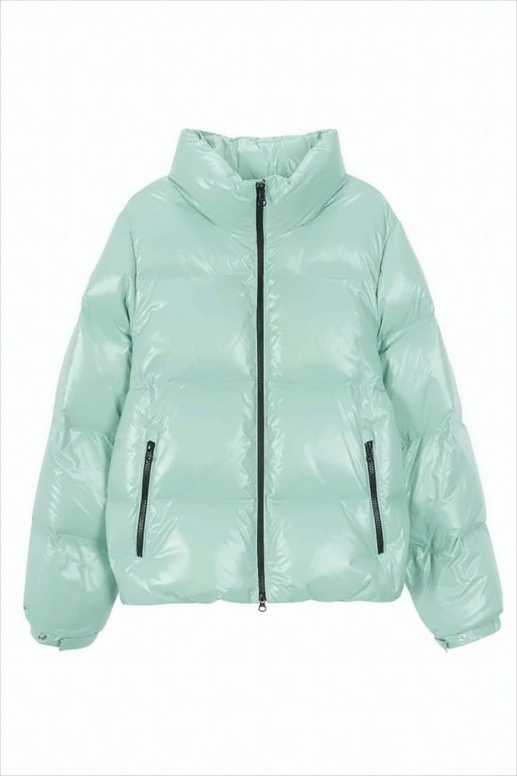 Duvetica Cropped Green Puffer Jacket With High Collar And Glossy Finish
