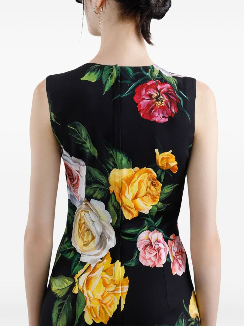 Dolce & Gabbana Fitted Floral Print Dress With Vibrant Roses