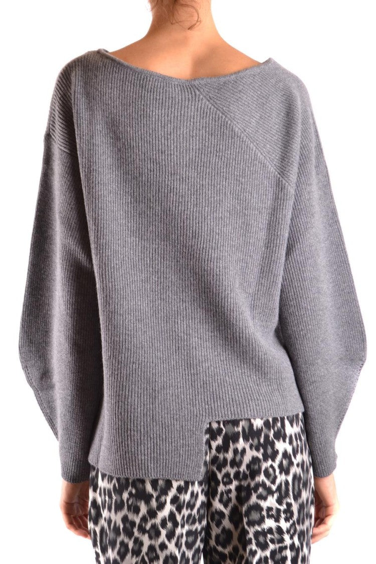 Pinko Boxy Cropped Grey Sweater With Asymmetrical Hem