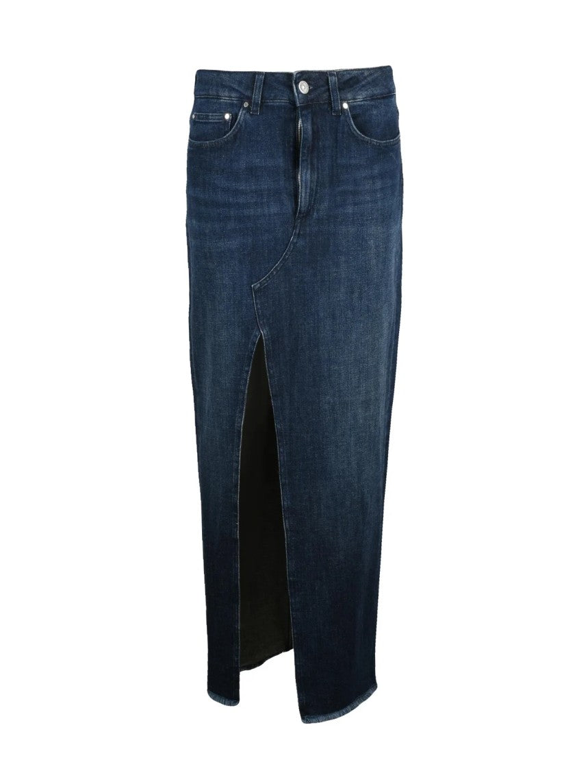 Dondup Blue Deep Front Slit Long Denim Skirt