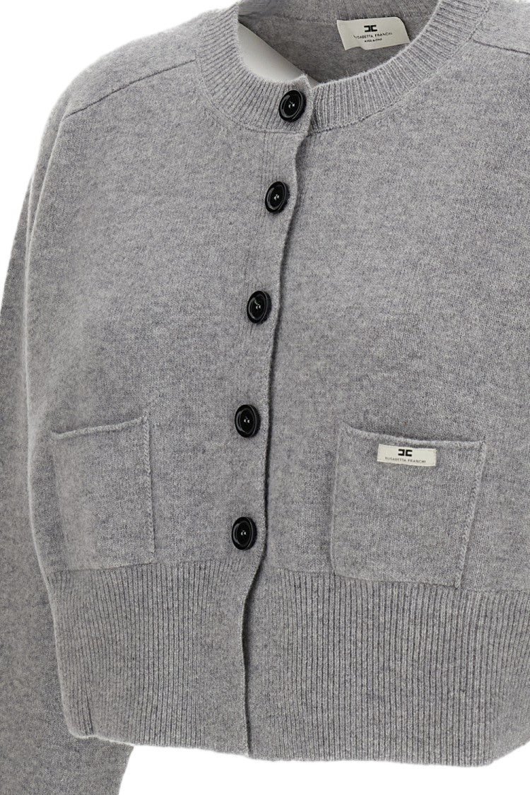 Elisabetta Franchi Grey Cropped Wool-Cashmere Button Cardigan