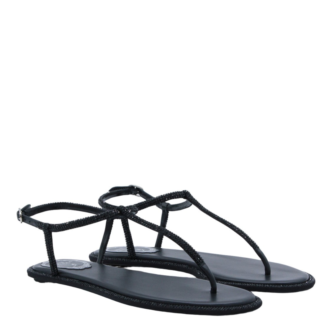 René Caovilla Black Flat Sandals With Embellished Straps