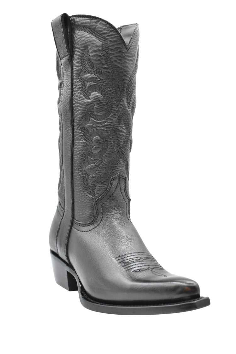 Ash Textured Leather Mid-Calf Western Boots