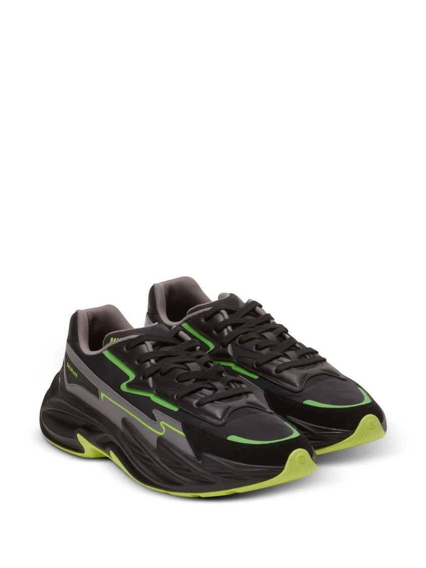 Balmain Black Run-Row Neon Accented Leather Sneakers