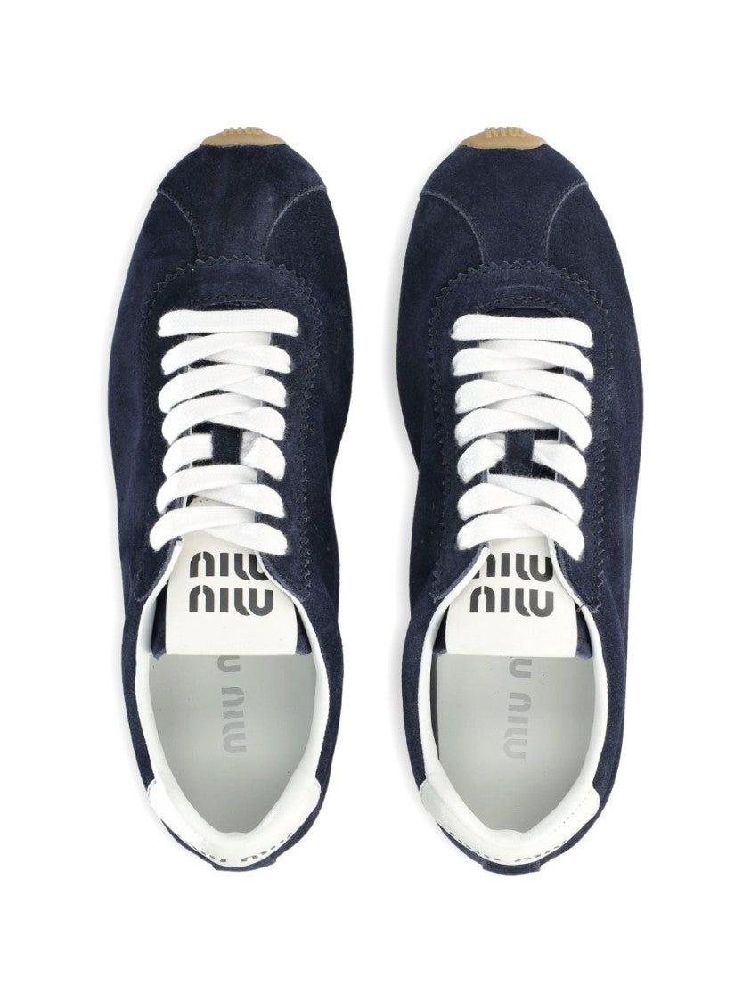 Miu Miu Suede Leather Flat Shoes With Lace-Up Front