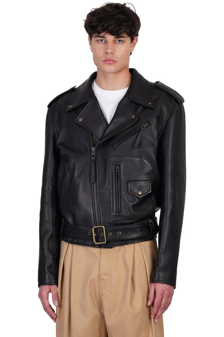 Loewe Black Leather Belted Biker Jacket