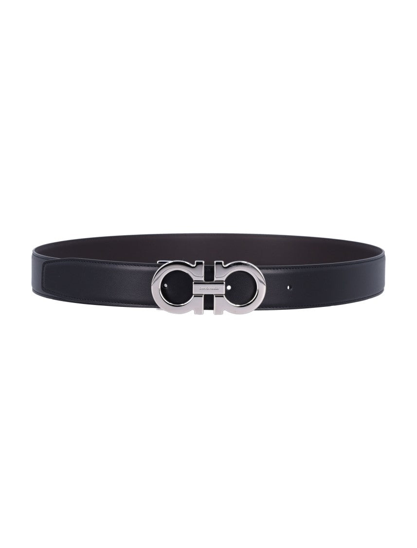 Ferragamo Double Adjus Black Leather Belt