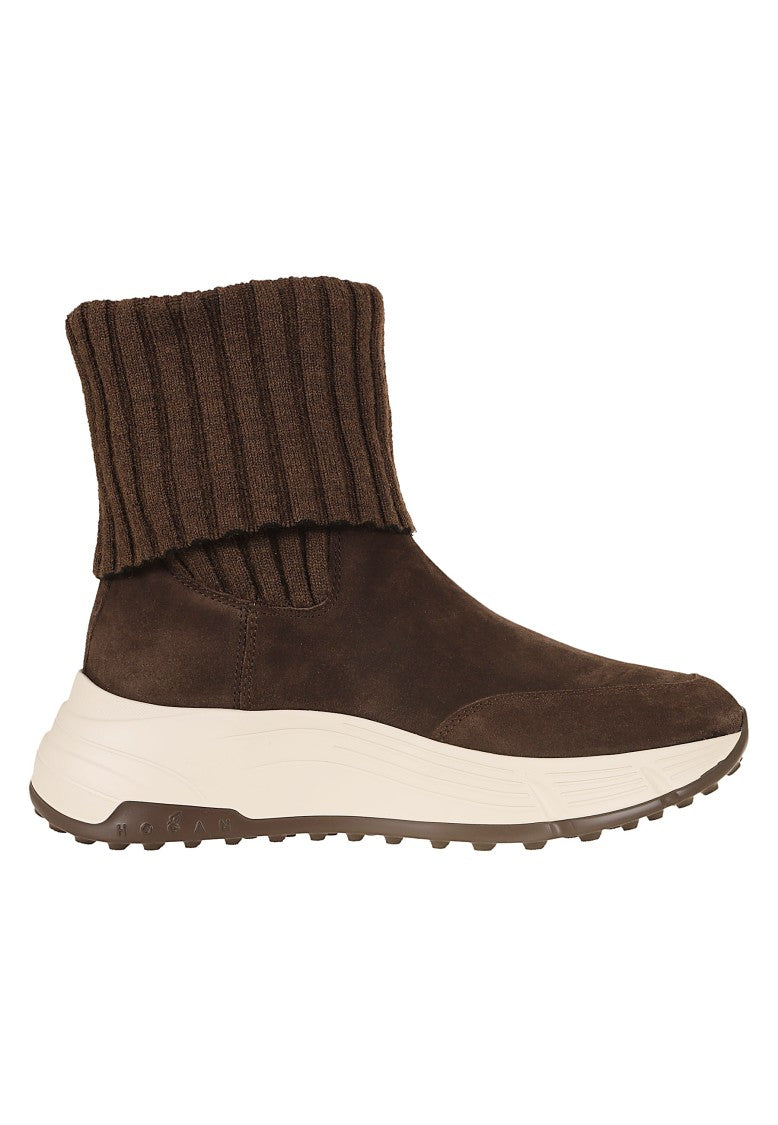 Hogan Brown Suede Ribbed Wool Cuff Ankle Boots