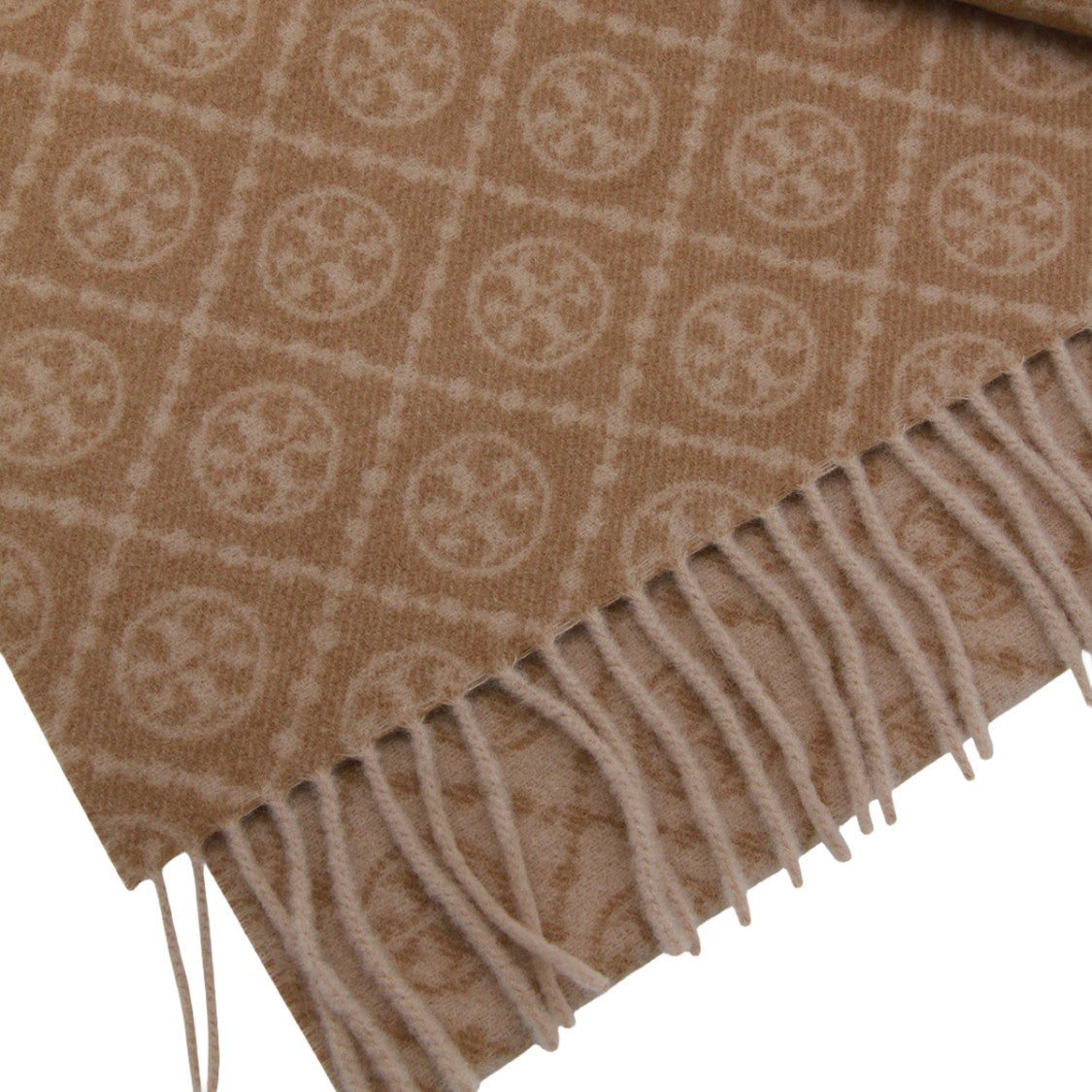 Tory Burch Beige Scarf With Geometric Motifs And Fringed Edges
