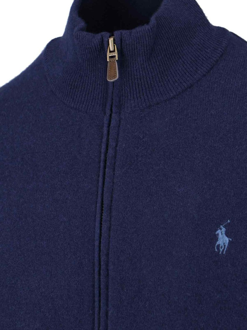 Polo Ralph Lauren Navy Wool Zip-Front Sweater With Logo Embroidery