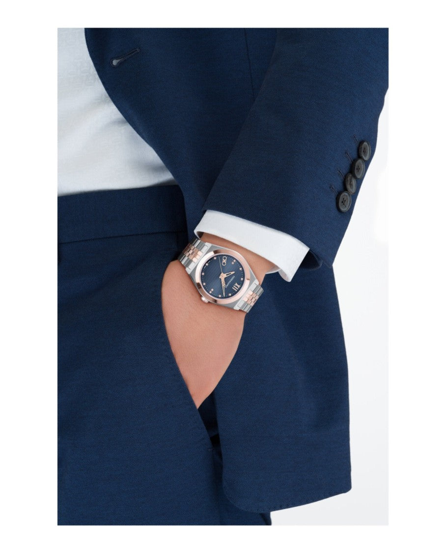 Ferragamo 40Mm Two-Tone Diamond Timepiece With Blue Guilloche Dial