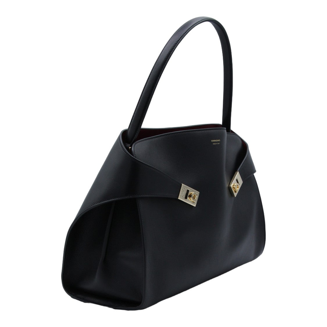 Ferragamo Structured Black Handbag With Gold-Tone Hardware