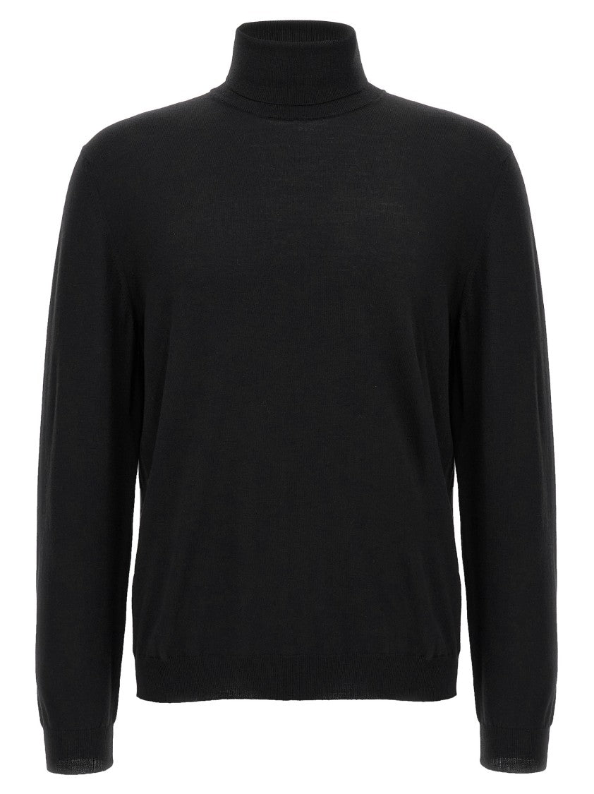 Zanone Fitted Black Wool Turtleneck Sweater With Long Cuffed Sleeves
