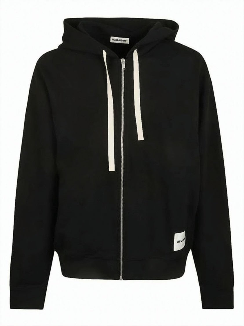 Jil Sander Zip-Up Black Hoodie With Contrasting Drawstrings And Minimalist Design