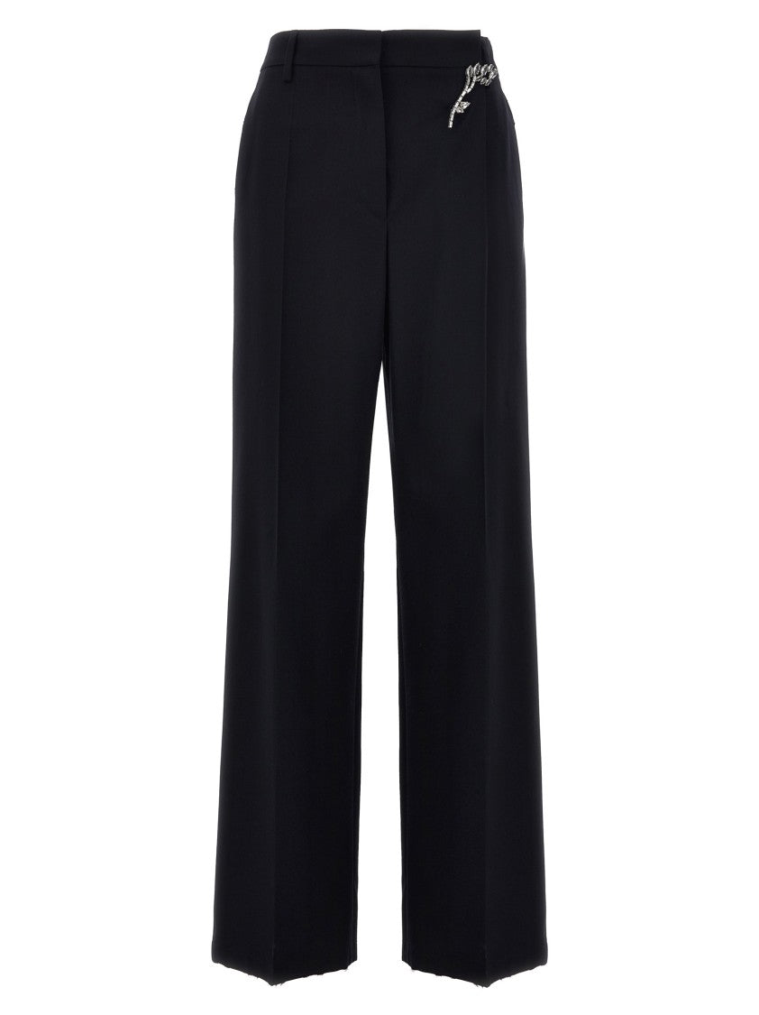 Prada Wool Gabardine Trousers With Jewel Brooch Detail