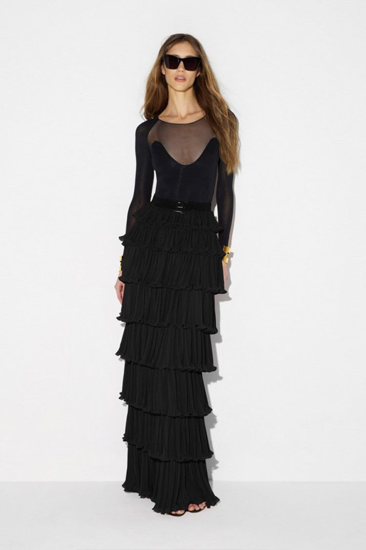 Elisabetta Franchi Black Sheer Mesh Yoke Viscose-Blend Bodysuit