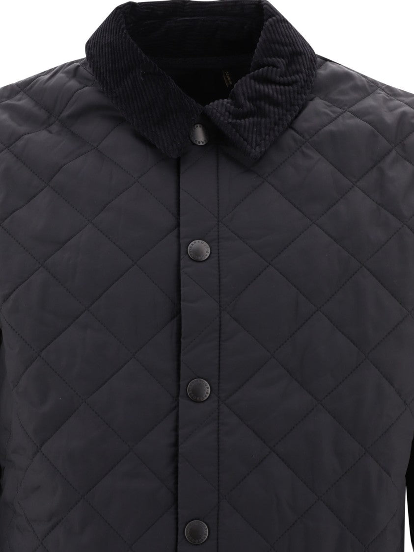 Barbour Quilted Black Jacket With Corduroy Collar And Diamond Pattern
