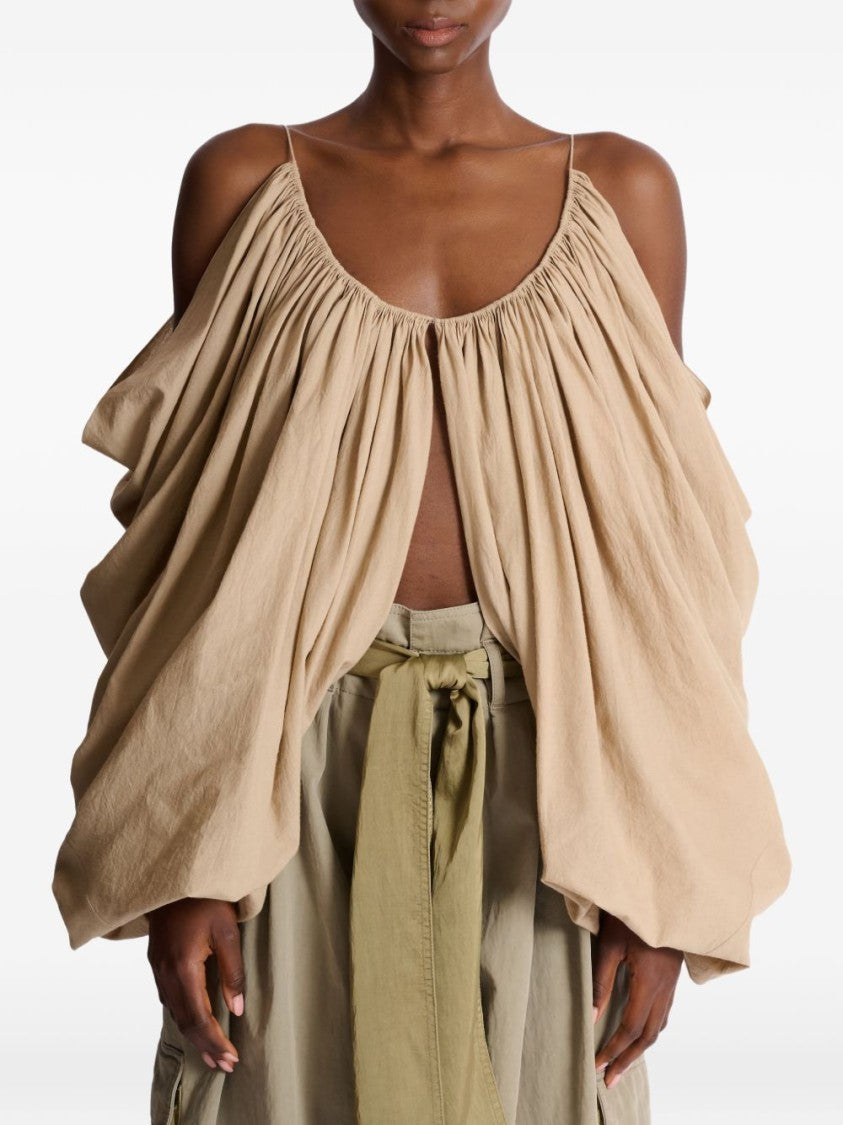 Balmain Beige Gathered Cut Out Cotton Top