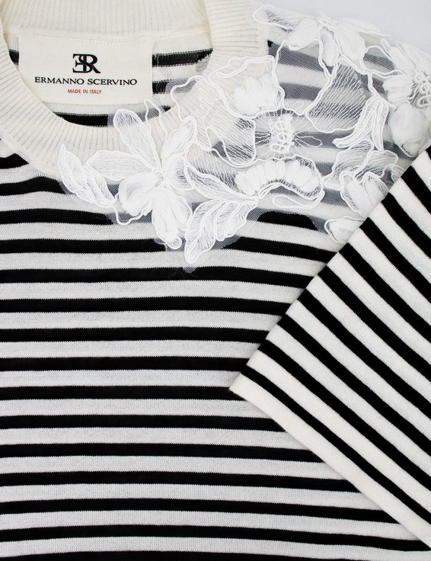 Ermanno Scervino Striped Cotton T-Shirt With Floral Lace Detail