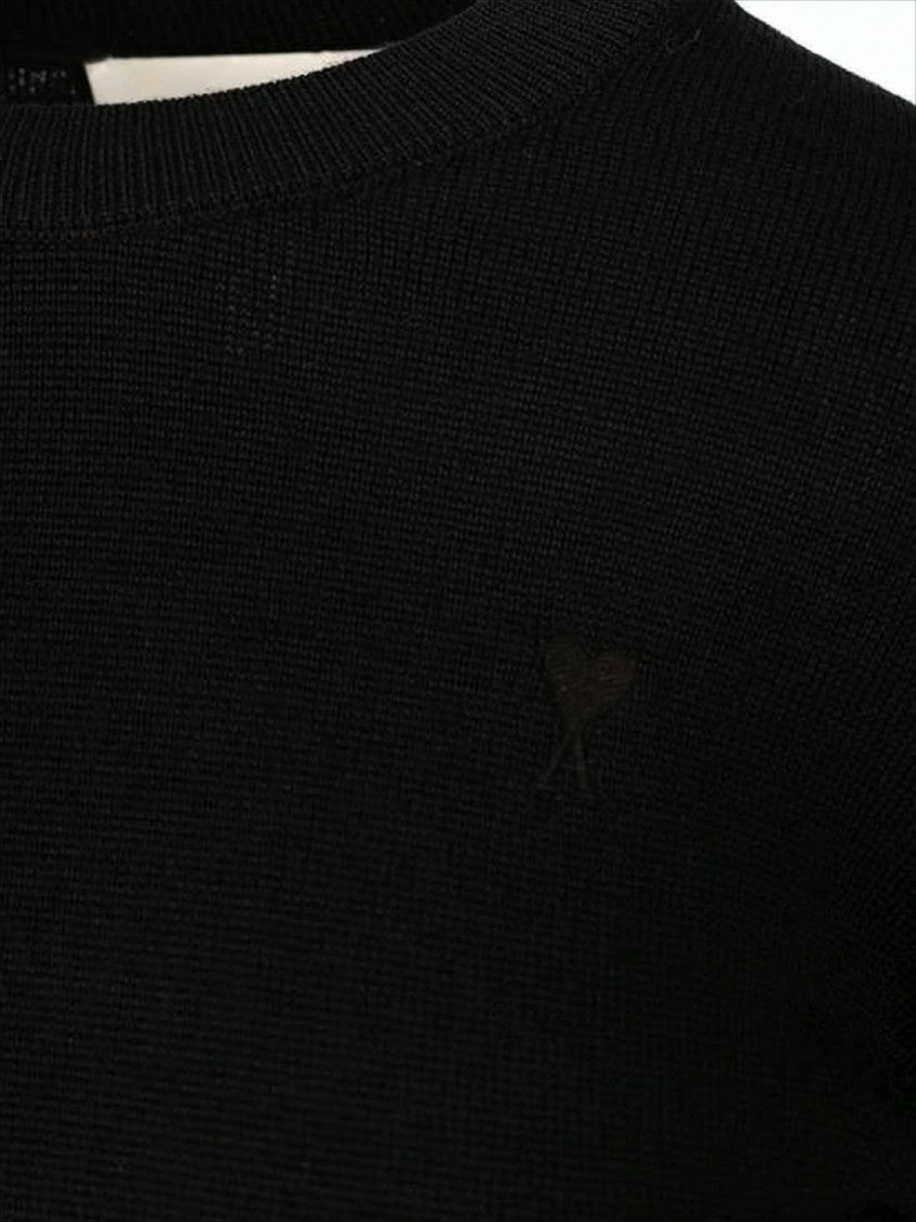 Ami Paris Fitted Black Wool Crewneck Sweater With Embroidered Detailing