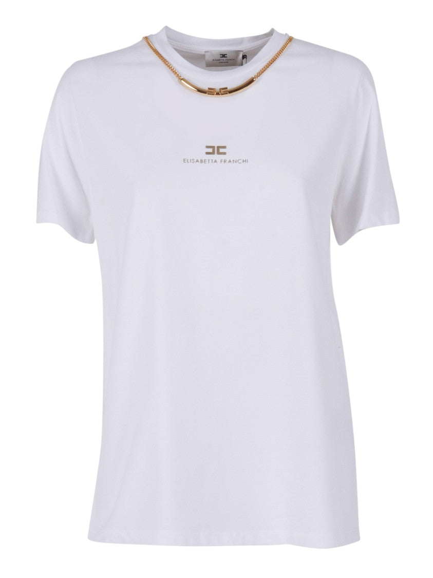 Elisabetta Franchi Short-Sleeve Cotton Top With Decorative Chain Detail