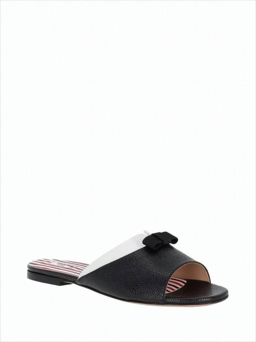 Thom Browne Open-Toe Black Leather Mules With Bow Detail