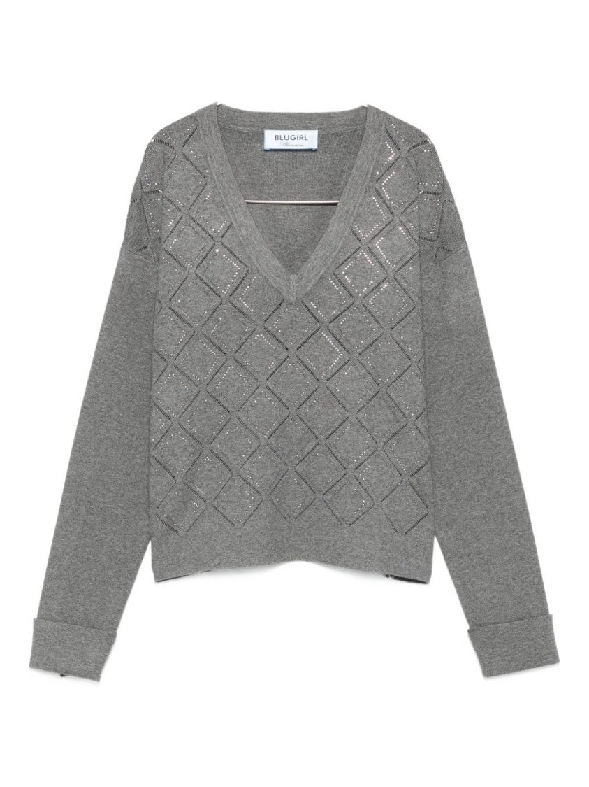 Blugirl Diamond-Patterned V-Neck Sweater With Openwork Details