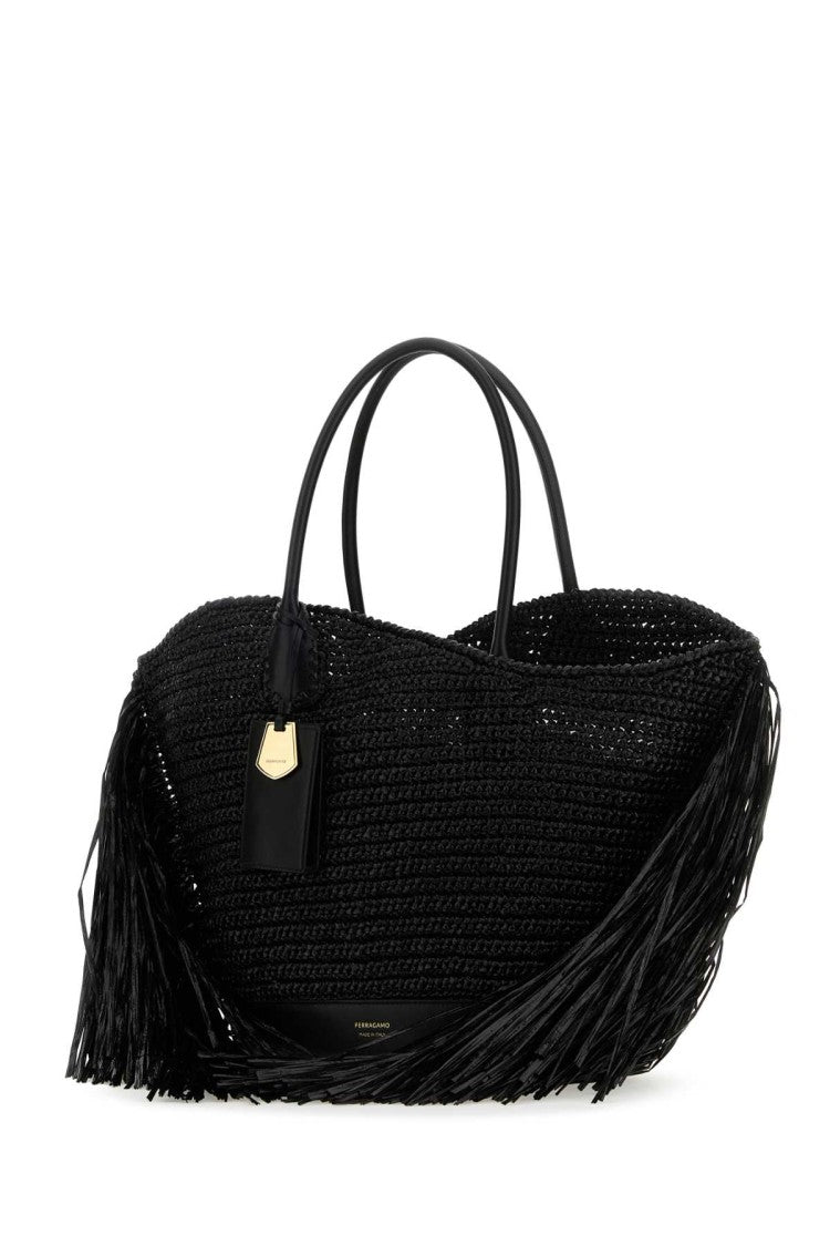 Salvatore Ferragamo Black Raffia And Leather Big Shopping Bag