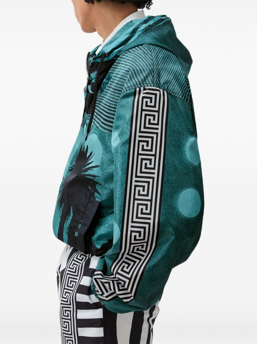 Versace Teal Abstract Palm Tree Print Zip Jacket