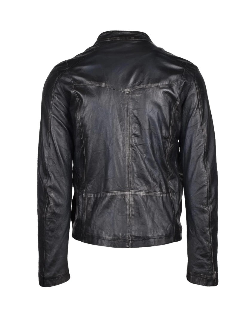 Wlg By Giorgio Brato Black Zippered Pockets Leather Biker Jacket