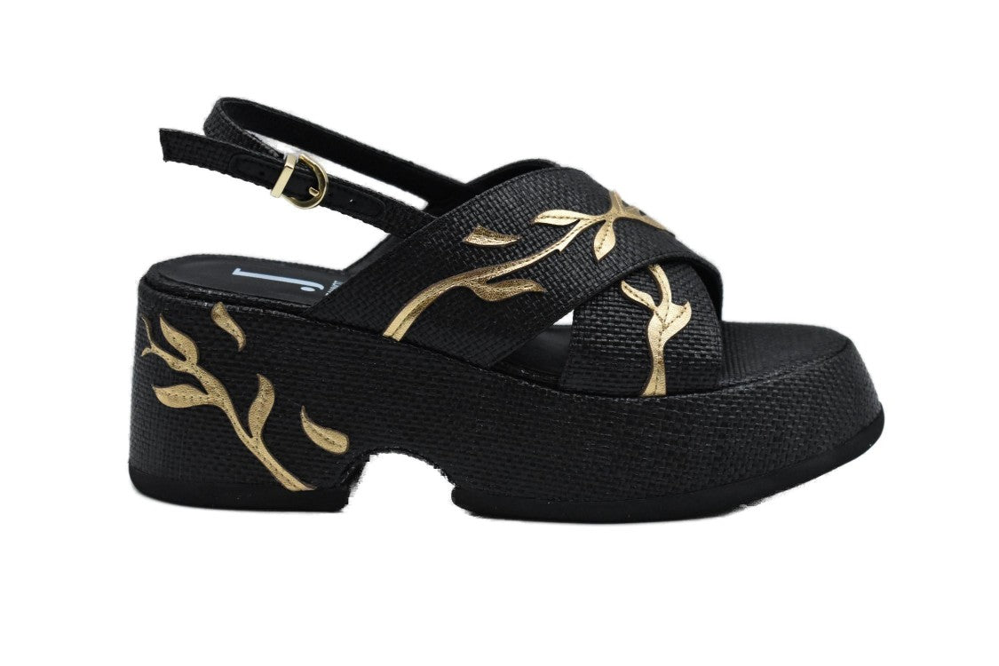 Jeannot Textured Black Wedge Sandals With Gold Leaf Detailing