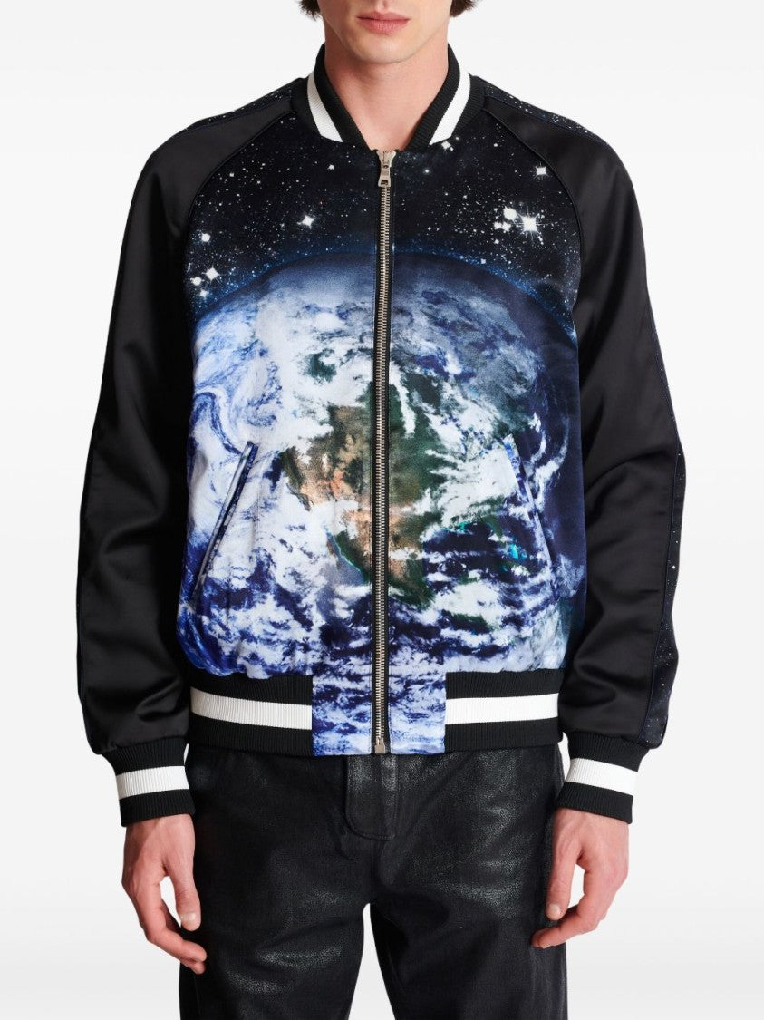 Balmain Black Graphic Earth Print Bomber Jacket