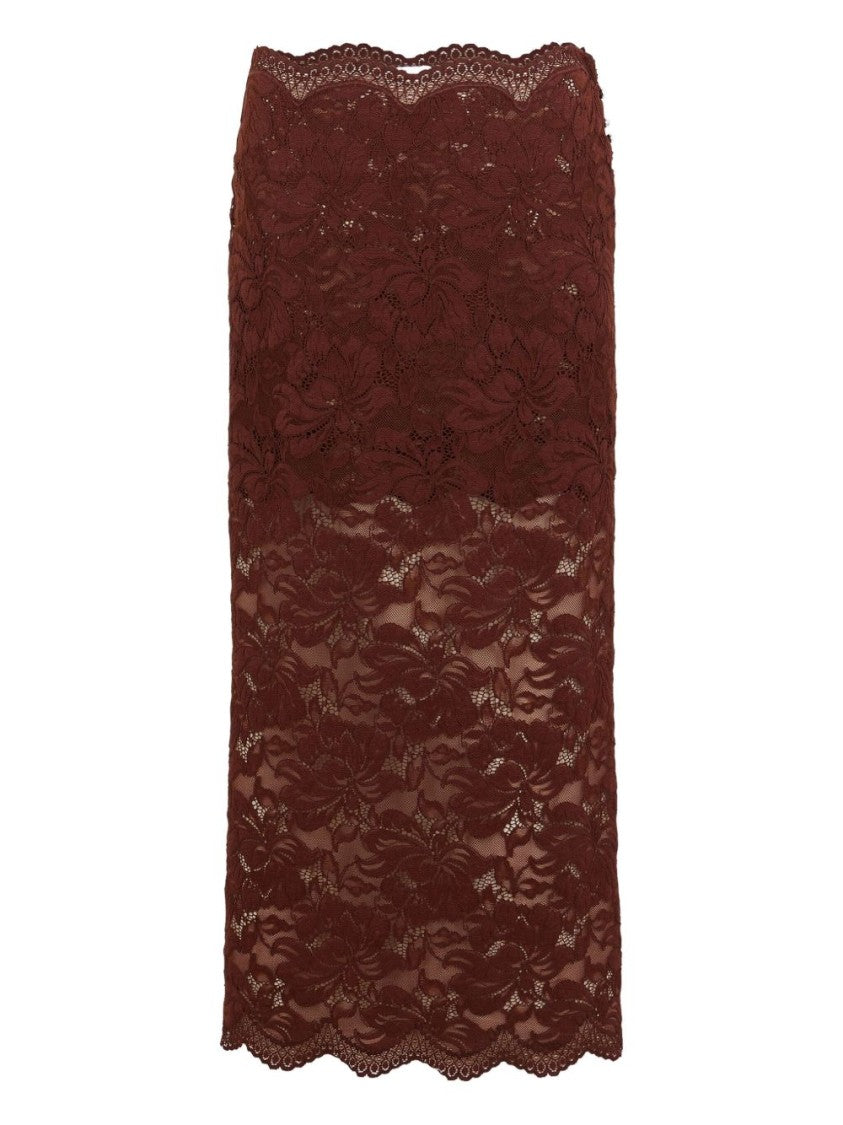 Rabanne Floral Lace Brown Midi Skirt With Scalloped Hem