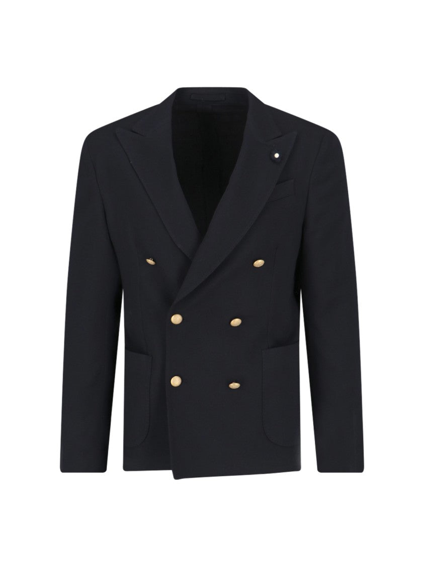 Lardini Blue Double-Breasted Wool-Blend Blazer