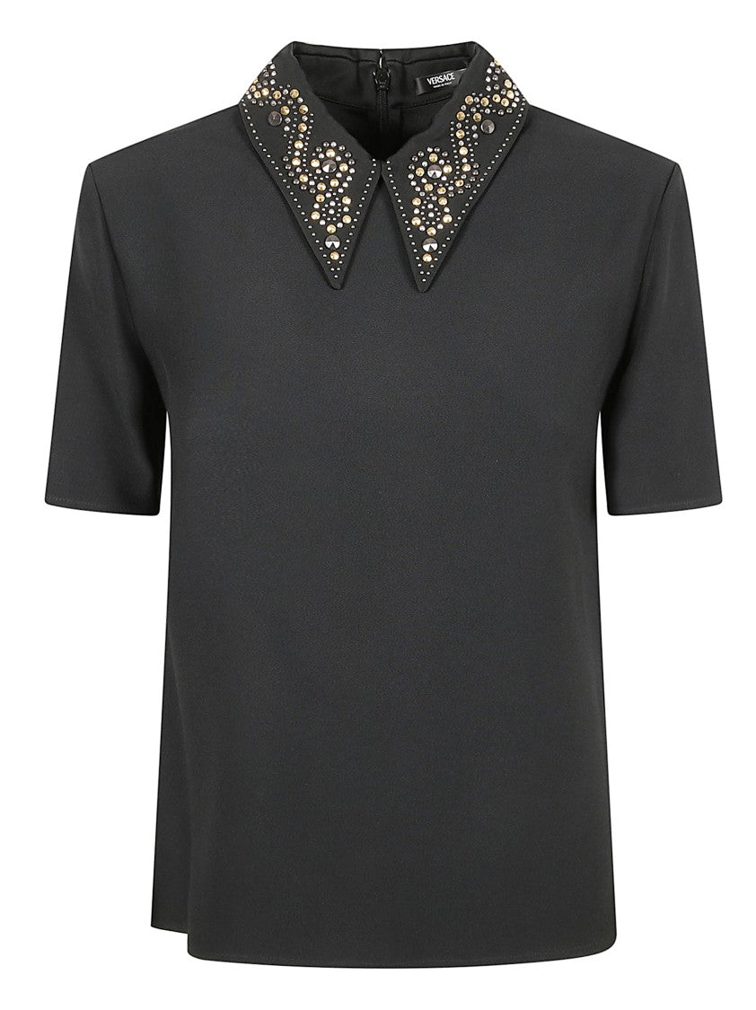 Versace Short-Sleeved Satin Top With Pointed Collar