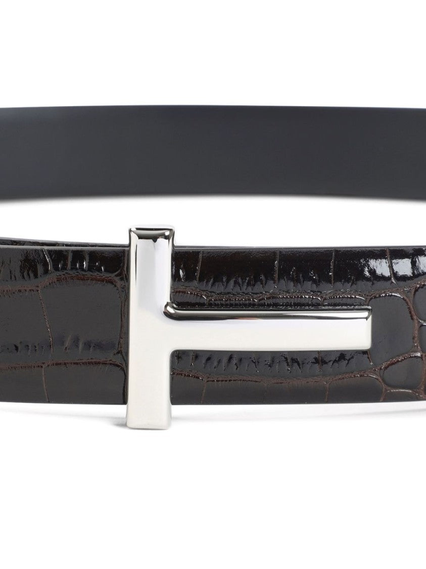 Tom Ford Crocodile-Print Calf Leather Belt With T-Buckle