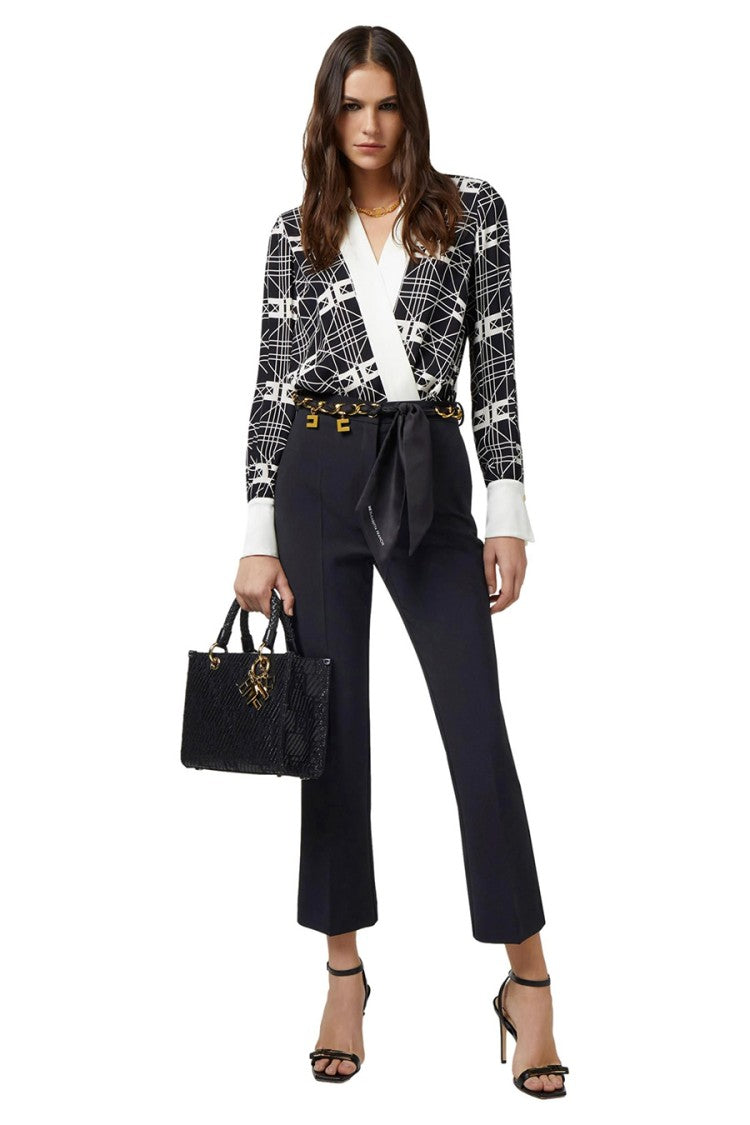 Elisabetta Franchi Multicolor Silk-Elastane Geometric-Print Wrap Bodysuit